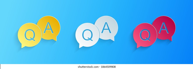 Paper cut Question and Answer mark in speech bubble icon isolated on blue background. Q and A symbol. FAQ sign. Copy files, chat speech bubble. Paper art style. Vector.