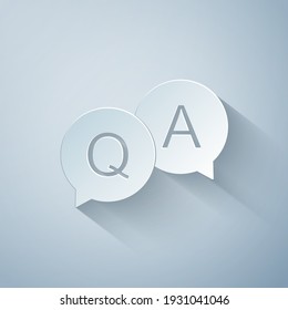 Paper cut Question and Answer mark in speech bubble icon isolated on grey background. Q and A symbol. FAQ sign. Copy files, chat speech bubble and chart web icons. Paper art style. Vector Illustration