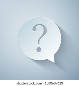 Paper cut Question mark in circle icon isolated on grey background. Hazard warning symbol. FAQ sign. Copy files, chat speech bubble and chart web icons. Paper art style. Vector Illustration