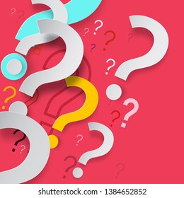 Paper Cut Question Marks on Red Background. Mystery or FAQ Backdrop Vector Design.