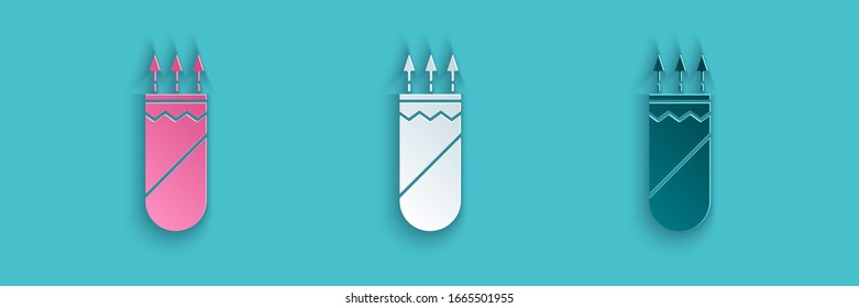 Paper cut Quiver with arrows icon isolated on blue background. Paper art style. Vector Illustration