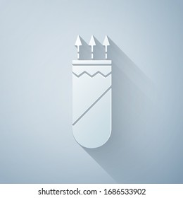 Paper cut Quiver with arrows icon isolated on grey background. Paper art style. Vector Illustration