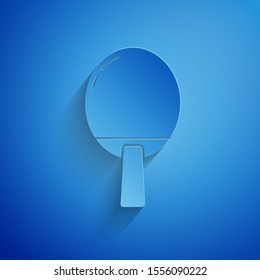 Paper cut Racket for playing table tennis icon isolated on blue background. Paper art style. Vector Illustration