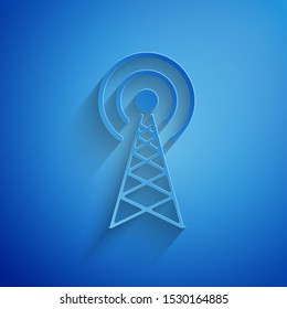 Paper cut Radar icon isolated on blue background. Military search system. Paper art style. Vector Illustration