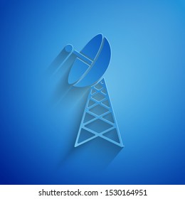 Paper cut Radar icon isolated on blue background. Military search system. Paper art style. Vector Illustration