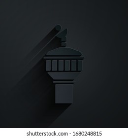 Paper cut Radar icon isolated on black background. Search system. Satellite sign. Paper art style. Vector Illustration