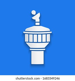 Paper cut Radar icon isolated on blue background. Search system. Satellite sign. Paper art style. Vector Illustration