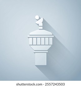 Paper cut Radar icon isolated on grey background. Search system. Satellite sign. Paper art style. Vector Illustration