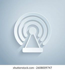 Paper cut Radar icon isolated on grey background. Search system. Satellite sign. Paper art style. Vector