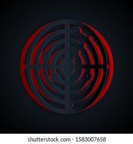 Paper cut Radar with targets on monitor in searching icon isolated on black background. Military search system. Navy sonar. Paper art style. Vector Illustration