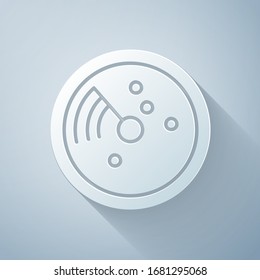 Paper cut Radar with targets on monitor in searching icon isolated on grey background. Search system. Navy sonar. Paper art style. Vector Illustration