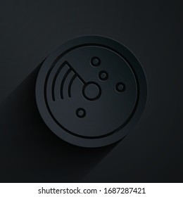Paper cut Radar with targets on monitor in searching icon isolated on black background. Search system. Navy sonar. Paper art style. Vector Illustration