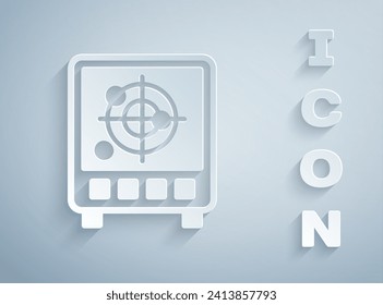 Paper cut Radar with targets on monitor in searching icon isolated on grey background. Search system. Navy sonar. Paper art style. Vector