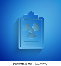 Paper cut Radiation warning document icon isolated on blue background. Text file. Paper art style. Vector