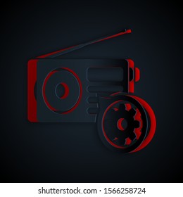 Paper cut Radio with antenna and gear icon isolated on black background. Adjusting app, service concept, setting options, maintenance, repair, fixing. Paper art style. Vector Illustration