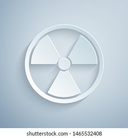 Paper cut Radioactive icon isolated on grey background. Radioactive toxic symbol. Radiation Hazard sign. Paper art style. Vector Illustration