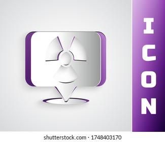 Paper cut Radioactive in location icon isolated on grey background. Radioactive toxic symbol. Radiation Hazard sign. Paper art style. Vector