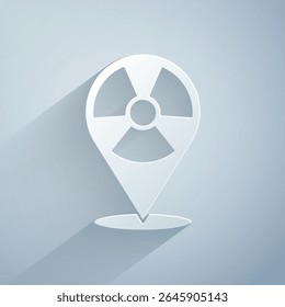 Paper cut Radioactive in location icon isolated on grey background. Radioactive toxic symbol. Radiation Hazard sign. Paper art style. Vector