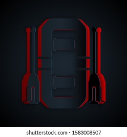 Paper cut Rafting boat icon isolated on black background. Inflatable boat with oars. Water sports, extreme sports, holiday, vacation, team building. Paper art style. Vector Illustration