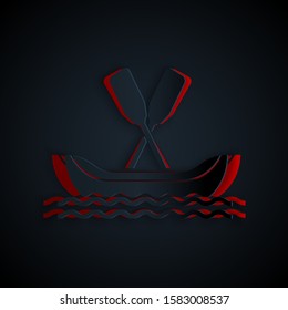 Paper cut Rafting boat icon isolated on black background. Kayak with paddles. Water sports, extreme sports, holiday, vacation, team building. Paper art style. Vector Illustration