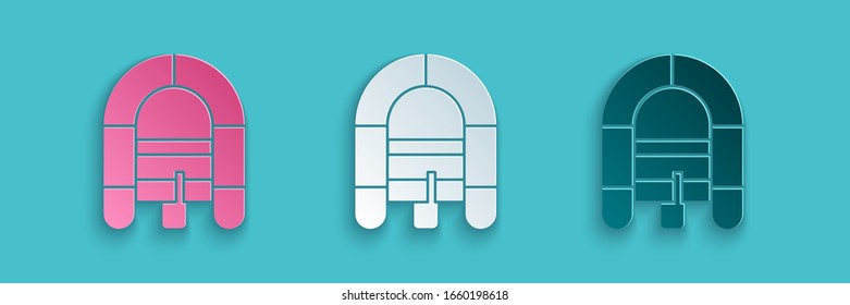 Paper cut Rafting boat icon isolated on blue background. Inflatable boat. Water sports, extreme sports, holiday, vacation. Paper art style. Vector Illustration