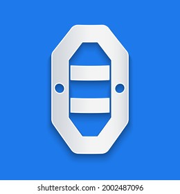 Paper cut Rafting boat icon isolated on blue background. Inflatable boat with paddles. Water sports, extreme sports, holiday, vacation. Paper art style. Vector