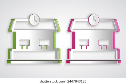 Paper cut Railway station icon isolated on grey background. Paper art style. Vector