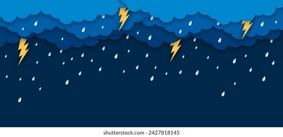 Paper cut rain clouds with lightnings and rain drops. Vector 3d papercut thunderstorm or storm weather background with water droplets falling from the dark cloudy sky and bright flash bolts sparkling