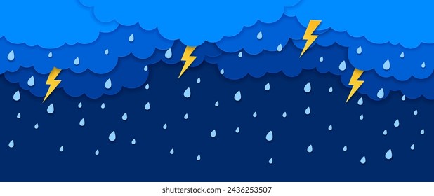 Papel cortó nubes de lluvia con gotas de agua y tormenta eléctrica, vector de fondo. Tiempo lluvioso, tormenta y rayo relámpago en el cielo, nubes cortadas de papel con gotas de lluvia en capas de recorte