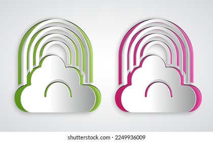 Paper cut Rainbow with cloud icon isolated on grey background. Paper art style. Vector