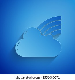 Paper cut Rainbow with clouds icon isolated on blue background. Paper art style. Vector Illustration