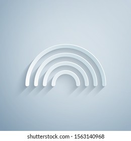 Paper cut Rainbow with clouds icon isolated on grey background. Paper art style. Vector Illustration