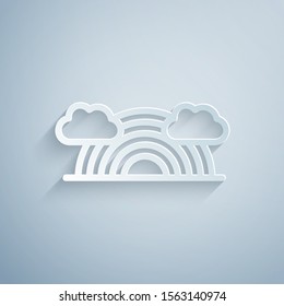 Paper cut Rainbow with clouds icon isolated on grey background. Paper art style. Vector Illustration