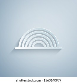 Paper cut Rainbow with clouds icon isolated on grey background. Paper art style. Vector Illustration