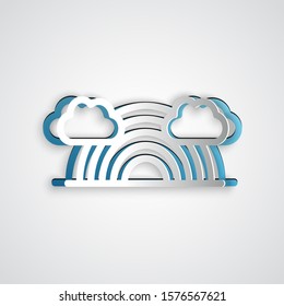 Paper cut Rainbow with clouds icon isolated on grey background. Paper art style. Vector Illustration