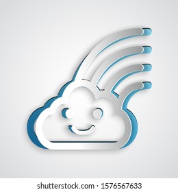 Paper cut Rainbow with clouds icon isolated on grey background. Paper art style. Vector Illustration