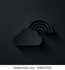 Paper cut Rainbow with clouds icon isolated on black background. Paper art style. Vector Illustration