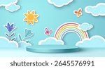 Paper cut rainbow scene with blue sky background - colorful arch connecting fluffy clouds, yellow sun, butterflies around cylinder podium. Flowers bloom beside platform in layered papercraft style.