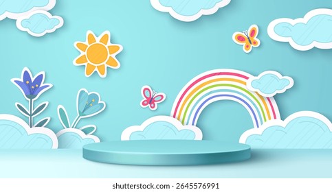Paper cut rainbow scene with blue sky background - colorful arch connecting fluffy clouds, yellow sun, butterflies around cylinder podium. Flowers bloom beside platform in layered papercraft style.