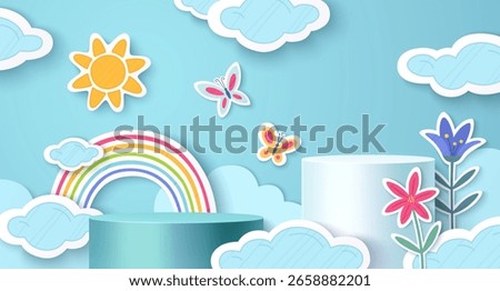 Paper cut rainbow scene with blue sky background - colorful arch connecting fluffy clouds, yellow sun, butterflies around cylinder podiums. Flowers bloom beside platforms in layered papercraft style.