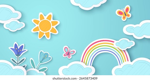 Paper cut rainbow scene with colorful arch between clouds on blue sky background - yellow sun, butterflies, flowers in layered style for kids decoration. Spring craft design with bright stripes arc.