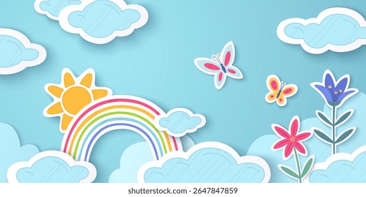 Paper cut rainbow scene with colorful arch between clouds on blue sky background - yellow sun, butterflies, flowers in layered style for kids decoration. Spring craft design with bright stripes arc.
