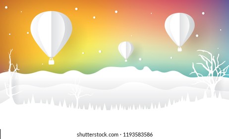 Paper cut Rainbow sky with balloon. Vector Illus EPS10.