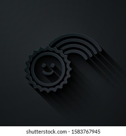 Paper cut Rainbow with sun icon isolated on black background. Paper art style. Vector Illustration