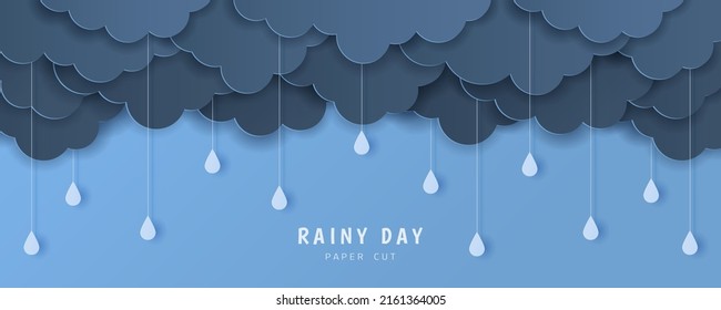 Paper cut of rainy day text with clouds and rain drops on blue background, copy space. Vector illustration