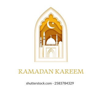 Paper cut Ramadan Kareem greetings, golden muslim mosque, moon and star vector 3d card of Islam religion holiday. Mosque window papercut frame with arabesque ornament, masjid and crescent, Eid Mubarak