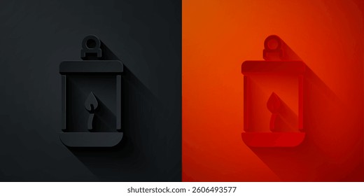Paper cut Ramadan Kareem lantern icon isolated on black and red background. Paper art style. Vector