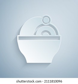 Paper cut Ramen soup bowl with noodles icon isolated on grey background. Bowl of traditional asian noodle soup. Paper art style. Vector