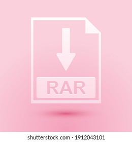 Paper cut RAR file document icon. Download RAR button icon isolated on pink background. Paper art style. Vector.