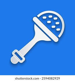Paper cut Rattle baby toy icon isolated on blue background. Beanbag sign. Paper art style. Vector